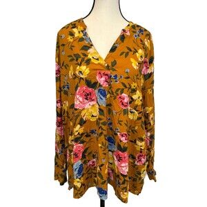 Old Navy FLORAL Print  Long Sleeve Popover Rayon Blouse Gold Blue Sz XXL NWT